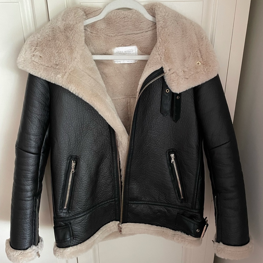 Zara Dark Brown Fur Moto Jacket Size Small